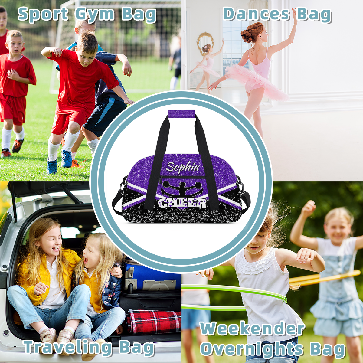 Jiaoprinted Personalized Cheerleader Bag Dance Bag, Custom Sport Gym Bag with Name, Customized Travel Duffel Bag for Cheer Team, Purple Glitter