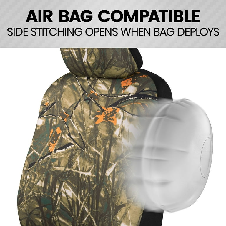 BDK Hunter Camo Car Seat Covers Full Set with Steering Wheel Cover and Seat Belt Pads Real Mossy Tree Oak Forest Camouflage Pattern Automotive Front Bench Back Seat Cover for