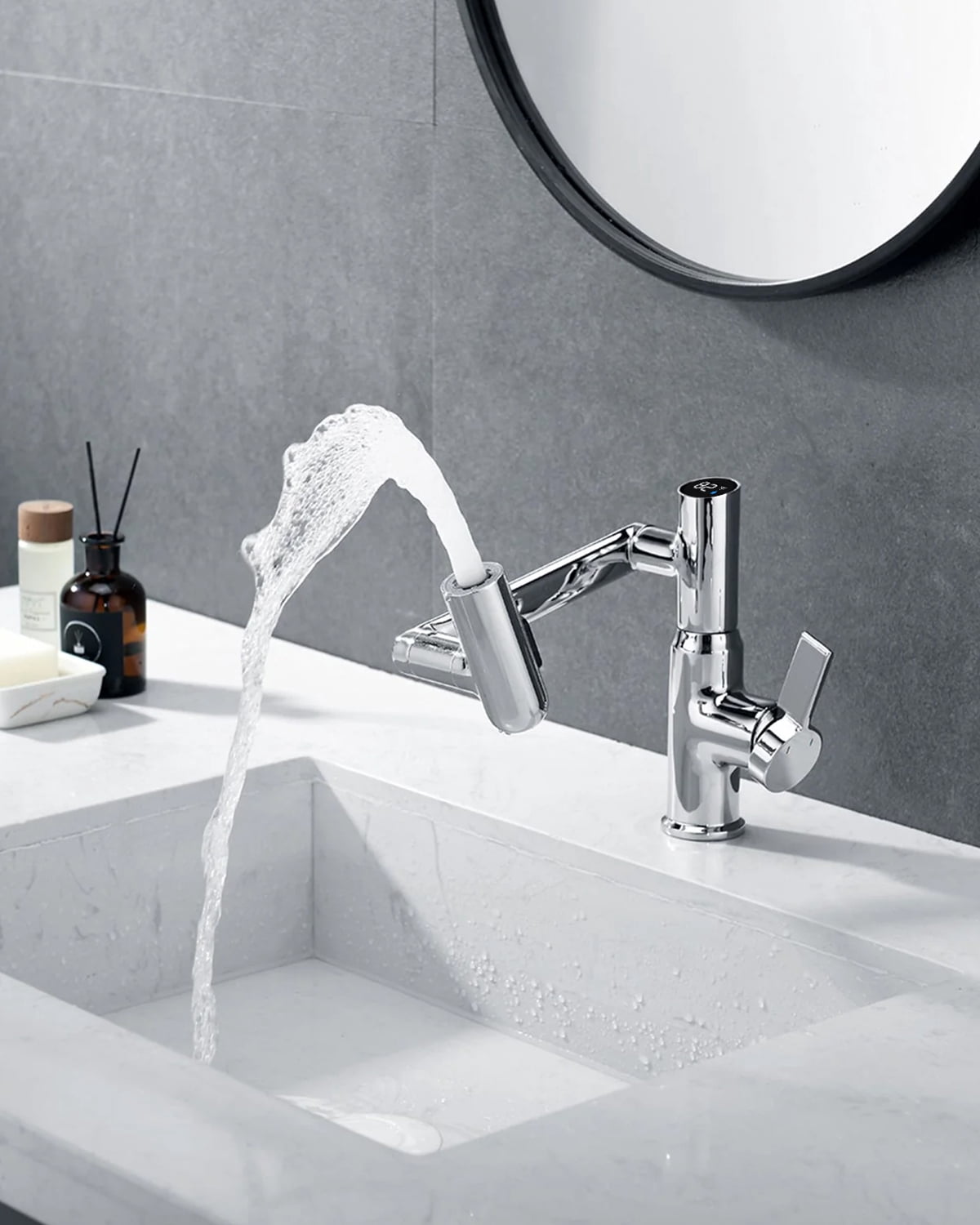 Lefton Rotatable Bathroom Faucet with Temperature Display in Fahrenheit (Batteries-Free), 3 Water Outlet Modes, Chrome, BF2204-1