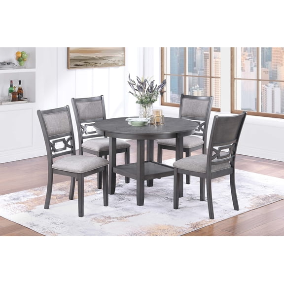 Modern Contemporary Gray Color Dining Room Furniture 5pc Dining Set Table w Shelve 4x Side Chairs Cushion Seat Wooden Veneer