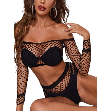

Niuer Ladies Lingerie Set Hollow Out Underwear 2 Pieces Sexy Sleepwear Babydoll Women Sheer Off Shoulder Mesh See Through Black One Size