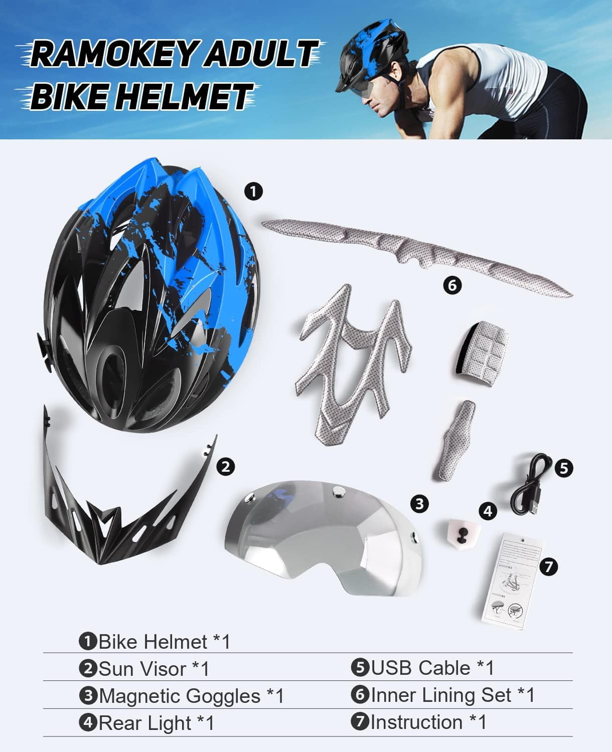 USB Rechargeable LED Light Cycling Helmet with Detachable Goggles and Sun Visor for Mountain & Road Biking