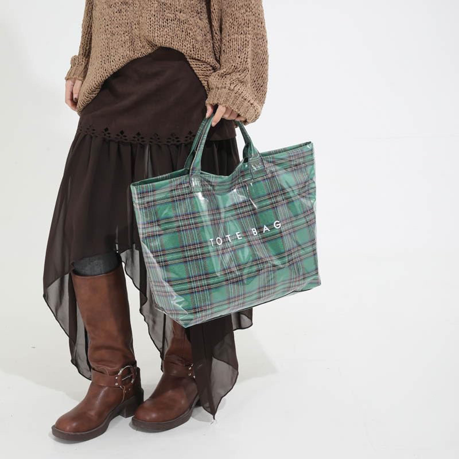Comefolife Christmas Green Plaid PVC Tote Bag for Women Vintage Christmas Buffalo Check Tote Bag Plastic Handbag