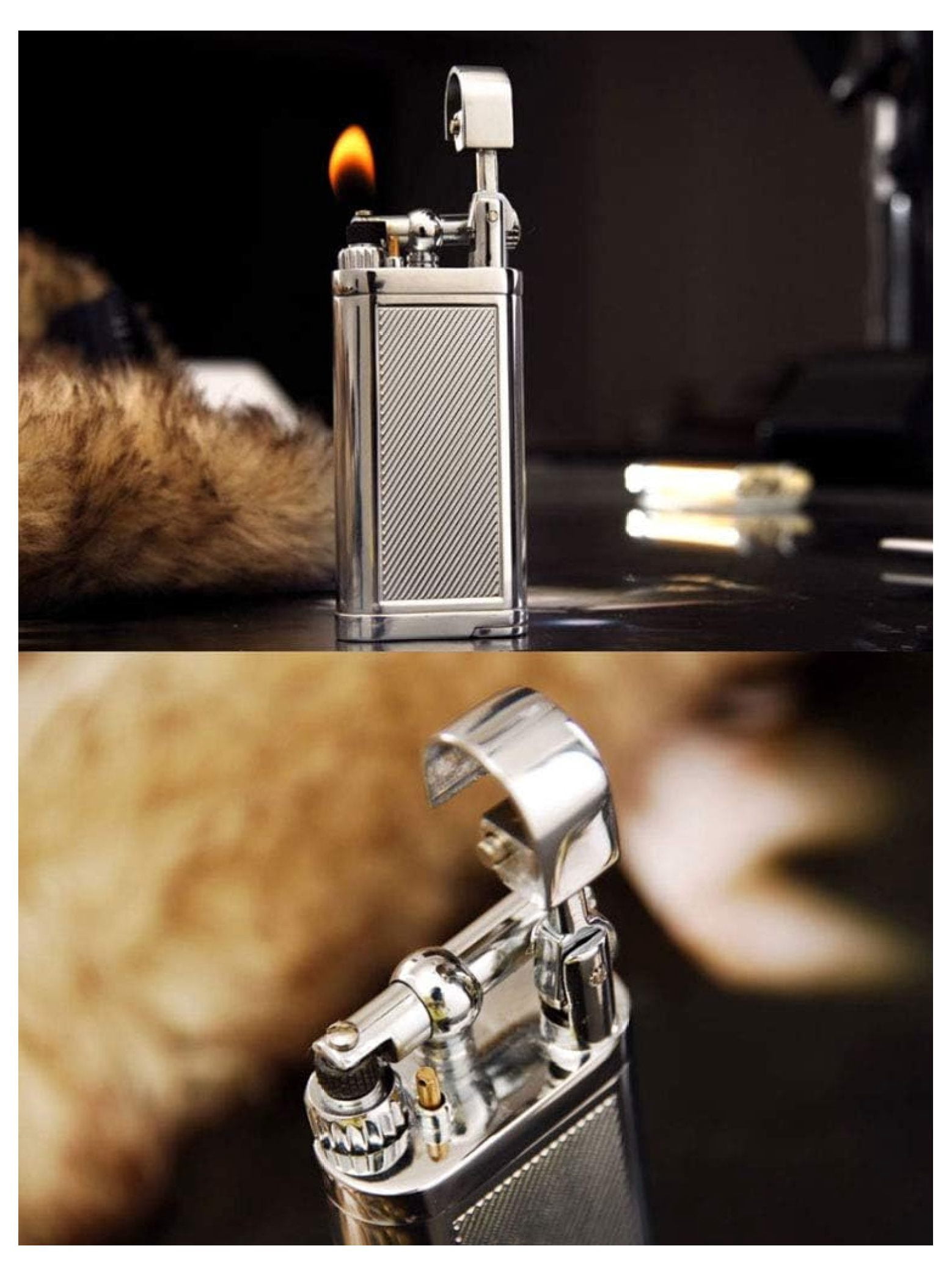 Angled Soft Flame Antique Lift Arm Butane Refillable Lighter with Tamper & Pick (Chrome)