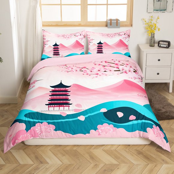 Erosebridal Pink Flower Comforter Cover Toddler, Cartoon Tower Bedding Toddler Size, Japanese Mount Fuji Decor, Reversible（No Comforter）