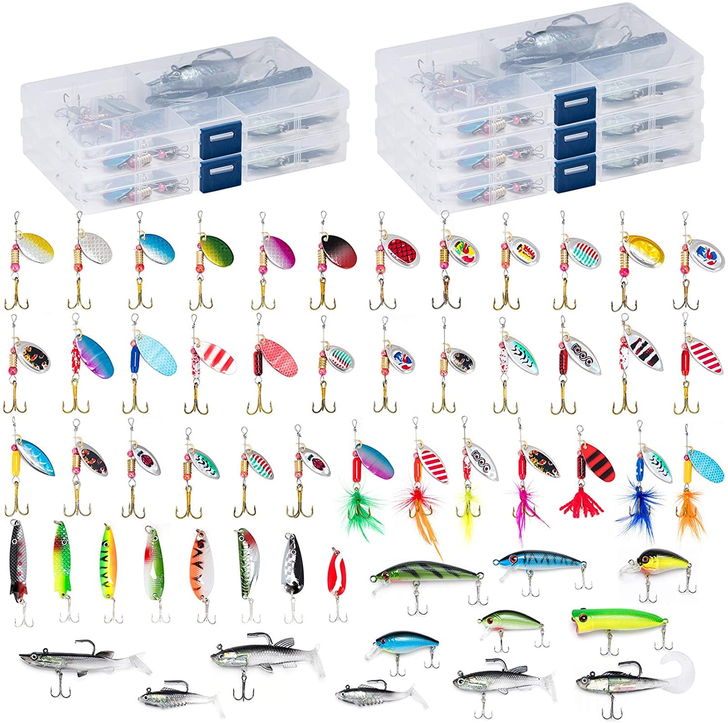 Dr.Fish 60 Fishing Lures Kit with 5 Tackle Boxes Spinner Baits Soft