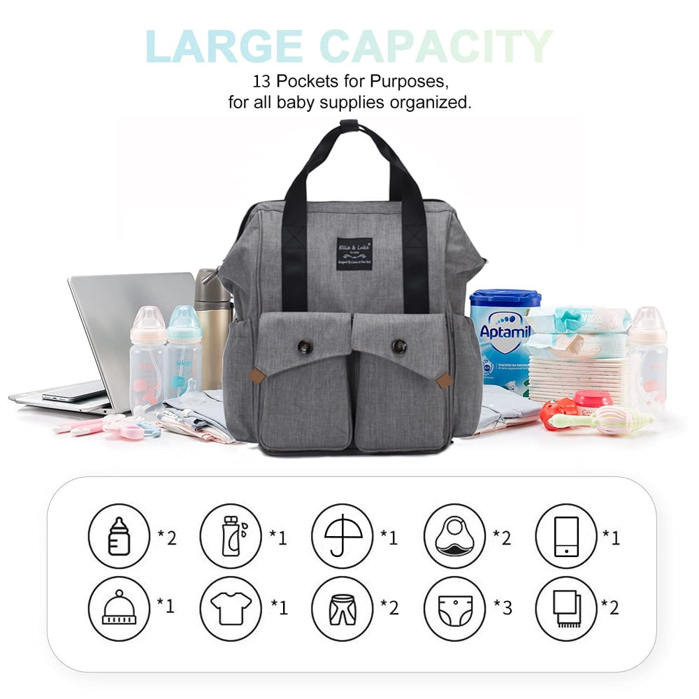 Diaper Bag Backpack with Changing Pad, Insulated Pocket Large Capacity Stroller Organizer Bag Gray