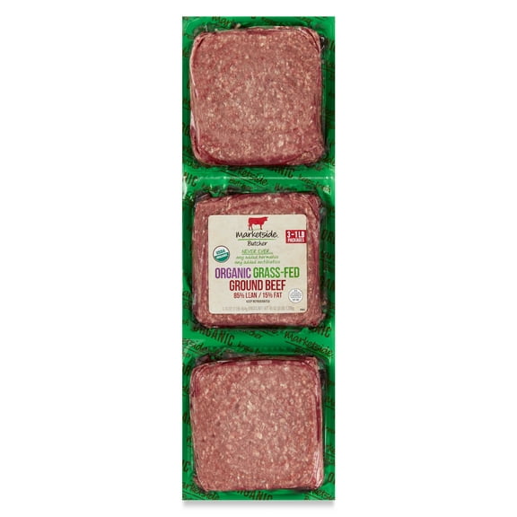 Marketside Organic Grass-Fed Ground Beef, 85% Lean/15% Fat, 1 lb, 3 Count