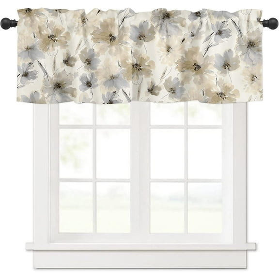 Watercolor Flower Valances Window Treatment Farmhouse Decor, Beige Grey Spring Floral Botanical Rod Pocket Valance Curtains for Living Room, Bedroom, Kitchen, 54" W x 18" L - 1 Panel