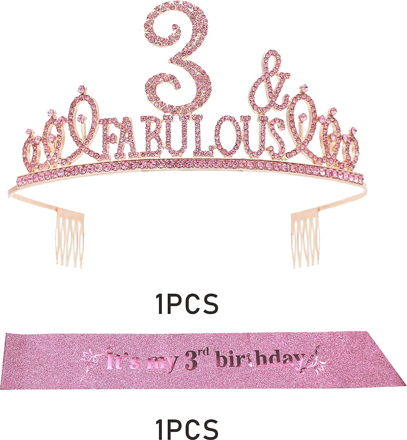 Glitter Birthday Sash, Tiara Rhinestone Headband Set - Pink