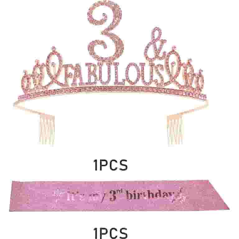 Glitter Birthday Sash, Tiara Rhinestone Headband Set - Pink
