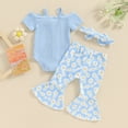 thumbnail image 4 of Okbabeha Baby Girl 3 Piece Outfits, Short Sleeve Cold Shoulder Ribbed Romper + Flare Pants + Bow Headband Toddler Summer Set, 4 of 8