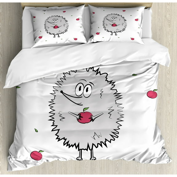 Hedgehog Duvet Cover Set Queen Size, Happy Animal Apples and Leaves Doodle Style Cartoon Drawing Fun Illustration, Decorative 3 Piece Bedding Set with 2 Pillow Shams, Grey Pink Green, by Ambesonne