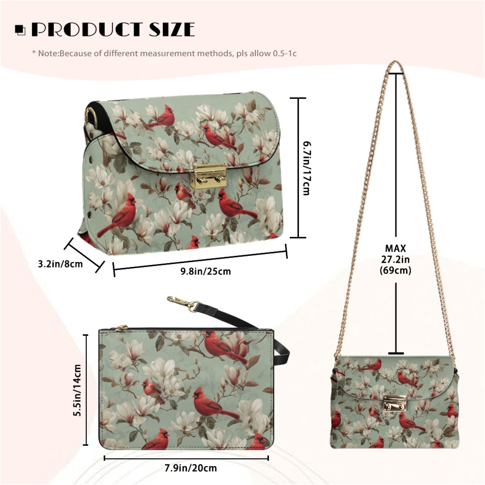 SCRAWLGOD Cardinal Floral Print Cyan Crossbody Bags for Women Trendy PU Leather Shoulder Handbags Purses for Women with Detachable Chain Strap