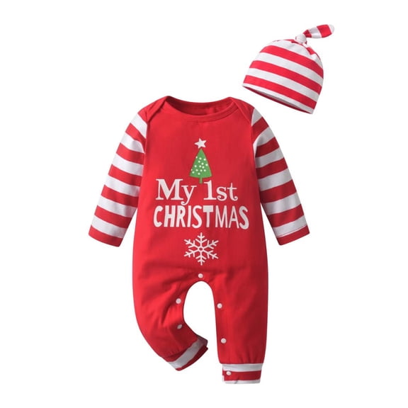 Baby Boy Girl Clothes Letter Style Long Sleeve Romper and Hat Christmas Tree Style Outfit Set Red 0-3 Months