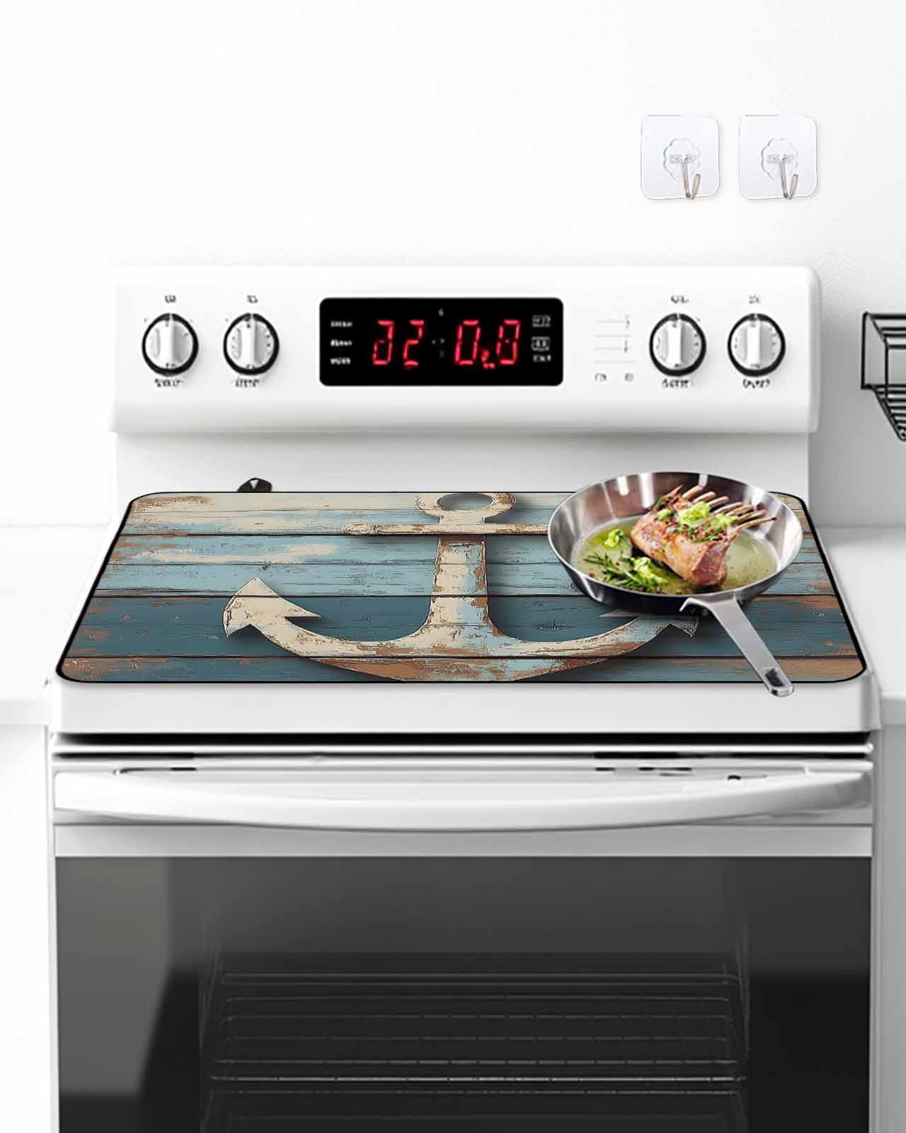 Nautical Anchor Stove Top Covers for Electric Stove, 28'x20'' Vintage Style Blue Wood Grain Glass Ceramic Stove Cover Foldable Rubber Mat Heat Resistant Cooktop Protector for Kitchen