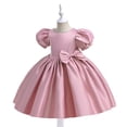 thumbnail image 4 of Short Flower Girl Dress, Girls Solid Color Puff Sleeve Princess Dress with Bow Accents, Junior Bridesmaid Party Dress for Wedding Birthday Occasions Age 4-9 Pink 110, 4 of 9