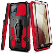 Nagebee Case for Samsung Galaxy A12 with Tempered Glass Screen Protector (Full Coverage), Belt Clip [Built-in Kickstand], Dual Layer Full Body Shockproof Protective Rugged Defender Case (Red)