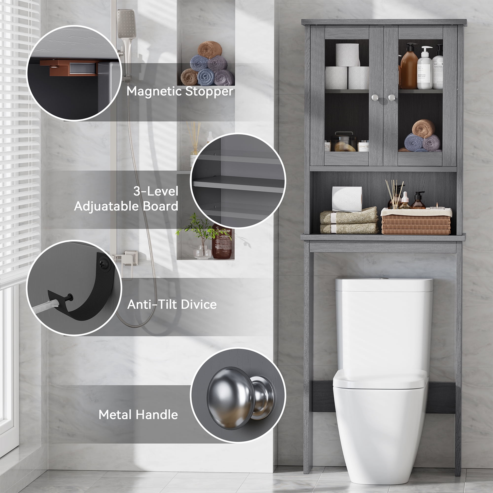Walsunny Over The Toilet Storage Cabinet Bathroom Shelves Organizer Space Saver Freestanding Restroom Shelf with Tempered Glass Doors Anti-Tip Device Adjustable Shelf Gray