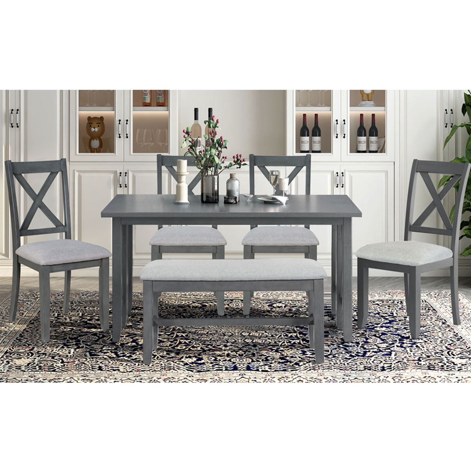 Kadyn Dining Table Set for 6, Living Room Table Set with Foldable Table and 4 Chairs with Bench, 6-piece Family Dining Room Set for Dining Room, Gray