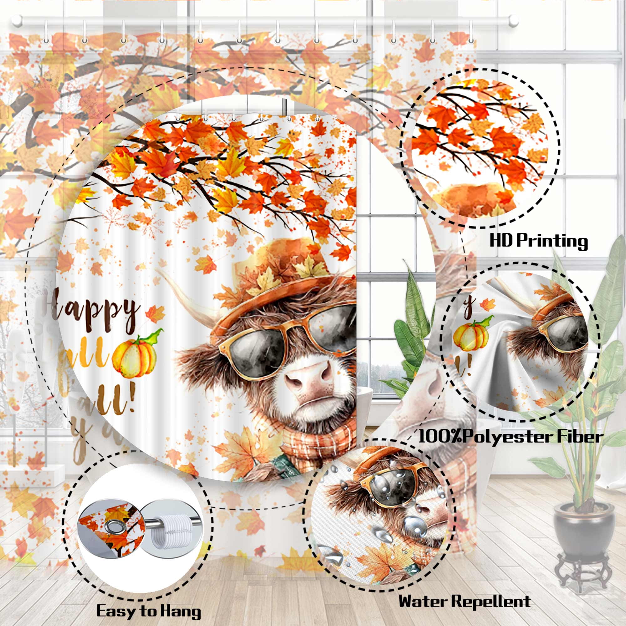 Fall Highland Cow Shower Curtain, Autumn Harvest Maple Leaves Thanksgiving Bathroom Curtains, Rustic Cabin Farmhouse Decorative Waterproof Fabric Shower Curtain Set, 36X72in