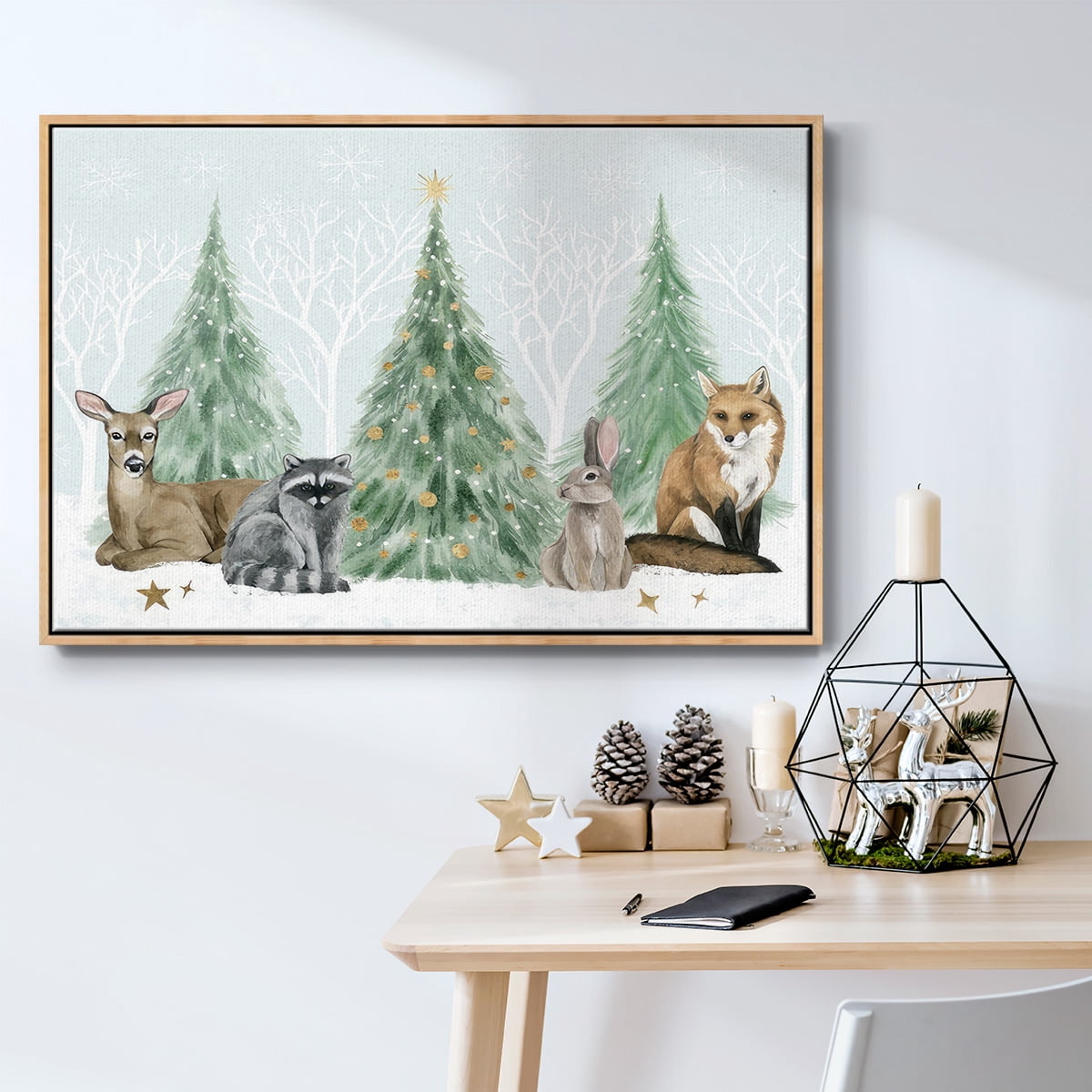Christmas in the Forest Collection A - Framed Gallery Wrapped Holiday Canvas - 17 x 25 - Natural Wood Frame