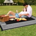 thumbnail image 4 of Waterproof Reversible Outdoor Rug–Modern Striped Plastic Straw Mat–Lightweight Collapsible Carpet – Easy Clean – Patio, Porch, Deck, Backyard, Camping, RV, Balcony – Black and White, 9x12ft (USA Spec), 4 of 8
