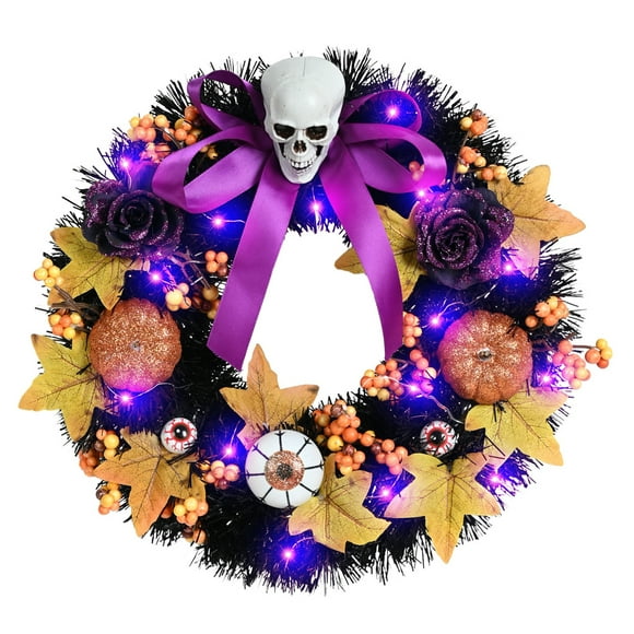 WIFORNT Halloween Skull Wreath Light up Hanging Front Door Garland for Wall Outdoor Indoor Decoration Party Supplies