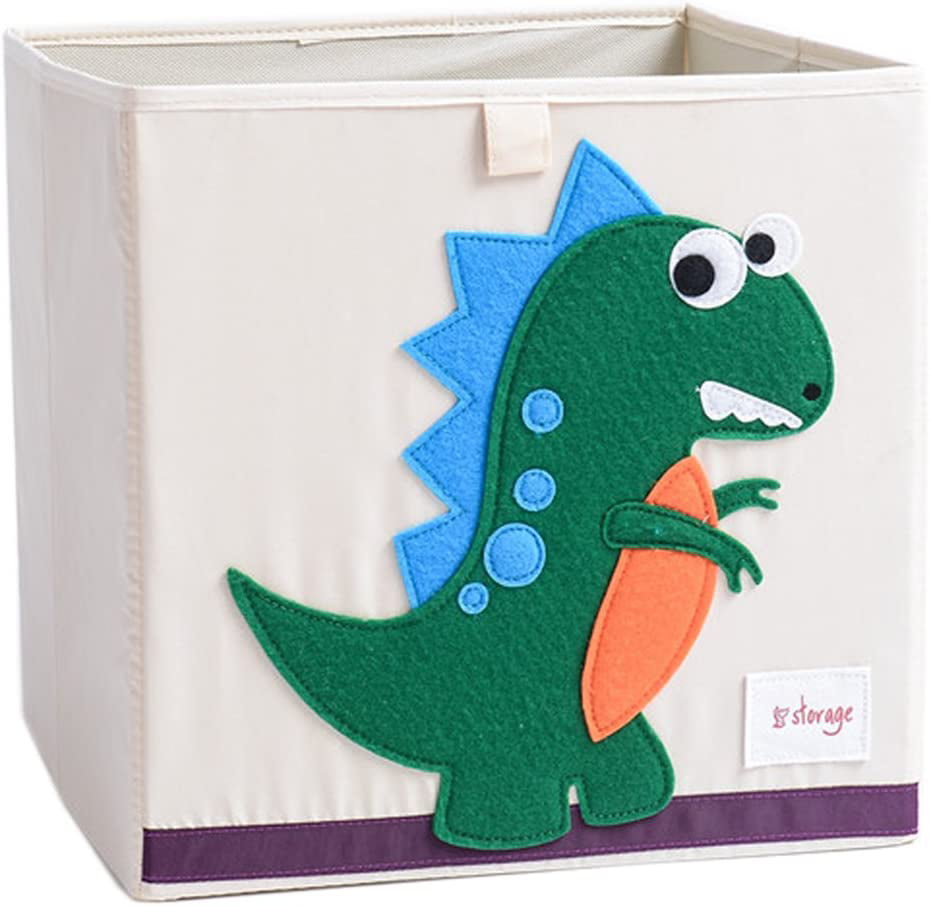 Toys Cartoon Canvas Cube Organiser for Clothes Large Toy Chest,13 inch Cube Soft Foldable Animal Kids Storage Box with Flip-top Lid,Fabric Drawers Container Dinosaur Shoes 