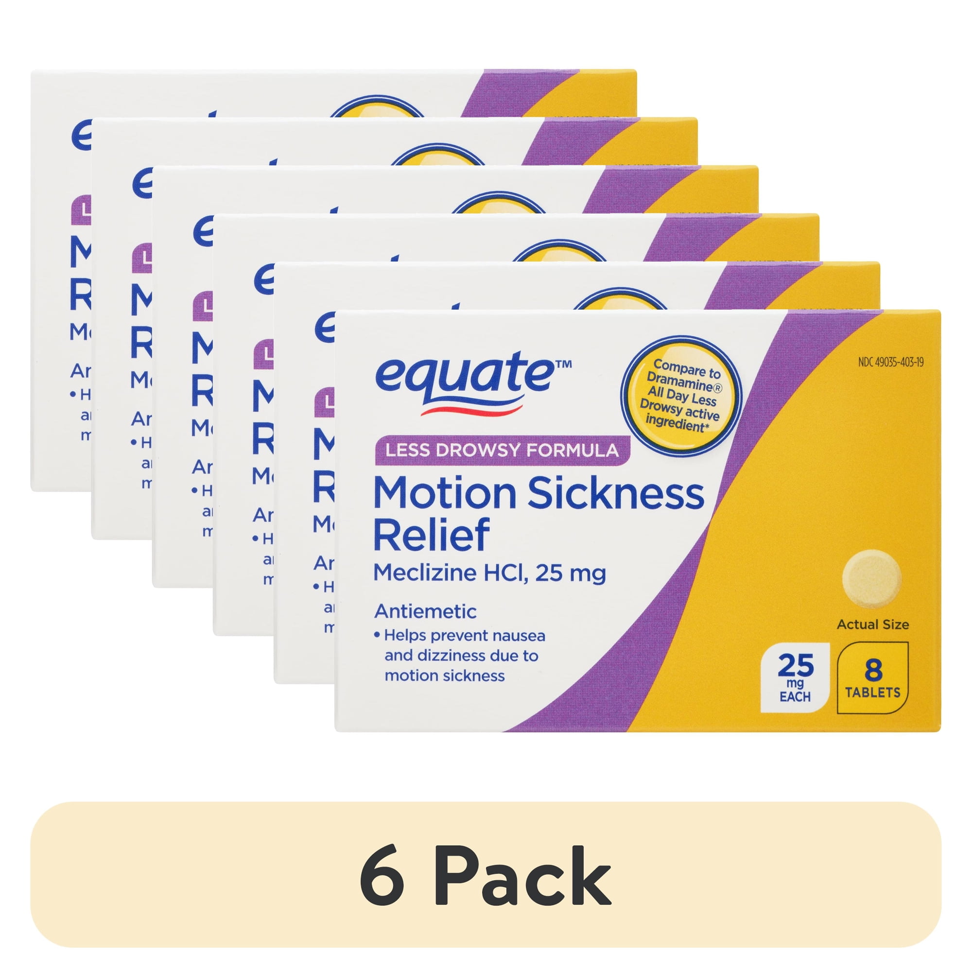 (6 pack) Equate Less Drowsy Formula Motion Sickness Relief Meclizine HCI Tablets, 25mg, 8 Count, Compare to Dramamine® All Day Less Drowsy Active Ingredients