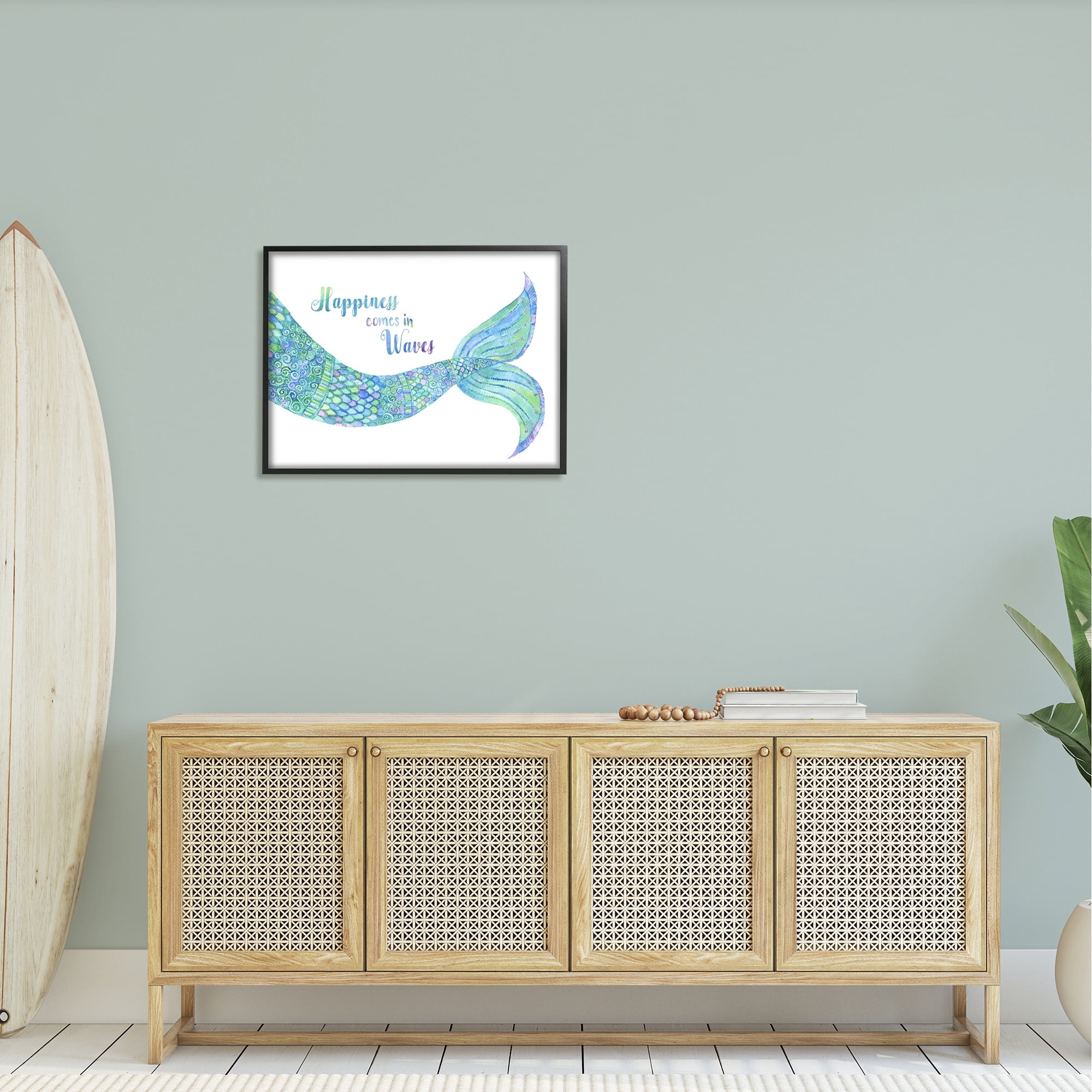 Stupell Industries Happiness Comes in Waves Detailed Mermaid Tail Sentiment Painting Black Framed Art Print Wall Art, Design by Jackie Decker