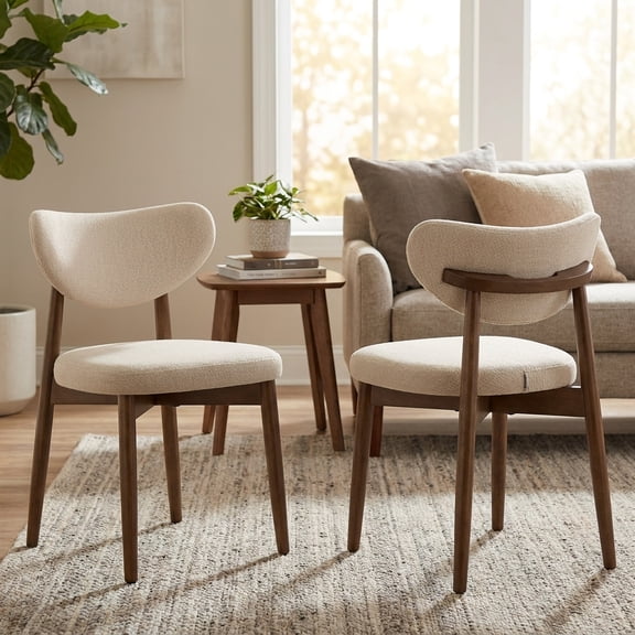 Ledrem Mid Century Modern Linen-Look Fabric Upholstered Dining Chairs, Beige, Set of 2