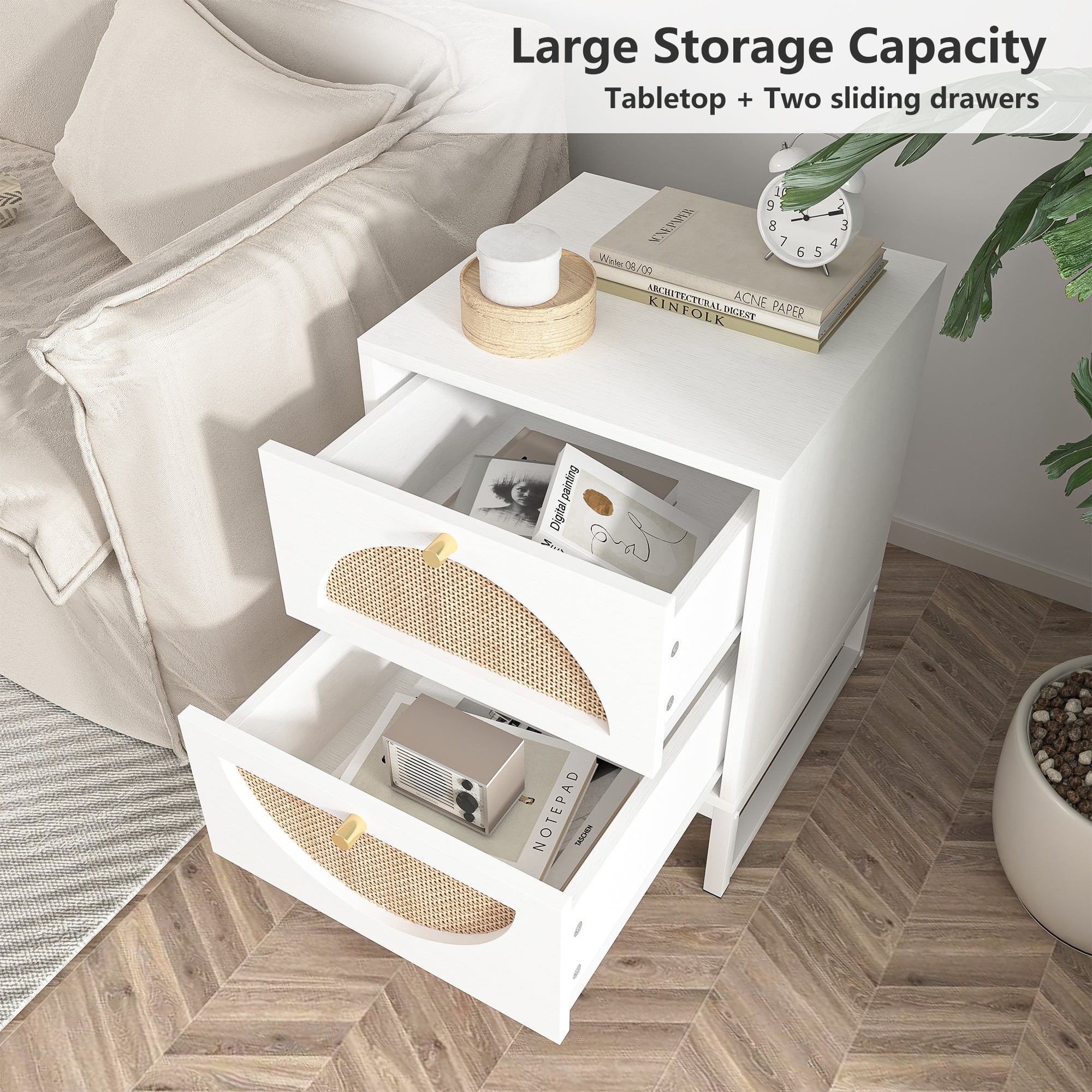 Finihen Rattan Nightstand Set of 2, Modern Boho Farmhouse Wood Bedside Table with 2 Drawer, Metal Frame Side End Table for Bedroom, Living Room, Office, White Finihen Rattan Nightstand Set of 2, Modern Boho Farmhouse Wood Bedside Table with 2 Drawer, Metal Frame Side End Table for Bedroom, Living Room, Office, White