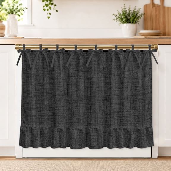 Black Solid Oven Skirt Curtain for Kitchen Decor 30 x 21.5 Inch Minimalist Cloth Dark Gray Linen Texture Industrial Ruffle Oven Door Cover with Ties, Oven Skirt for Dishwasher, Stove, Cabinet