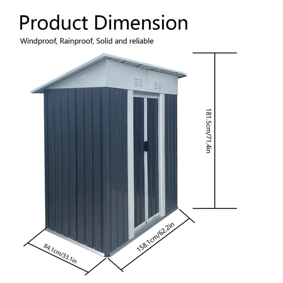 Outdoor Storage Shed 5FTx3FT Pent Roof Grey Outdoor Tool Bike Storage Garden Shed Tool House,Garden Storage Shed