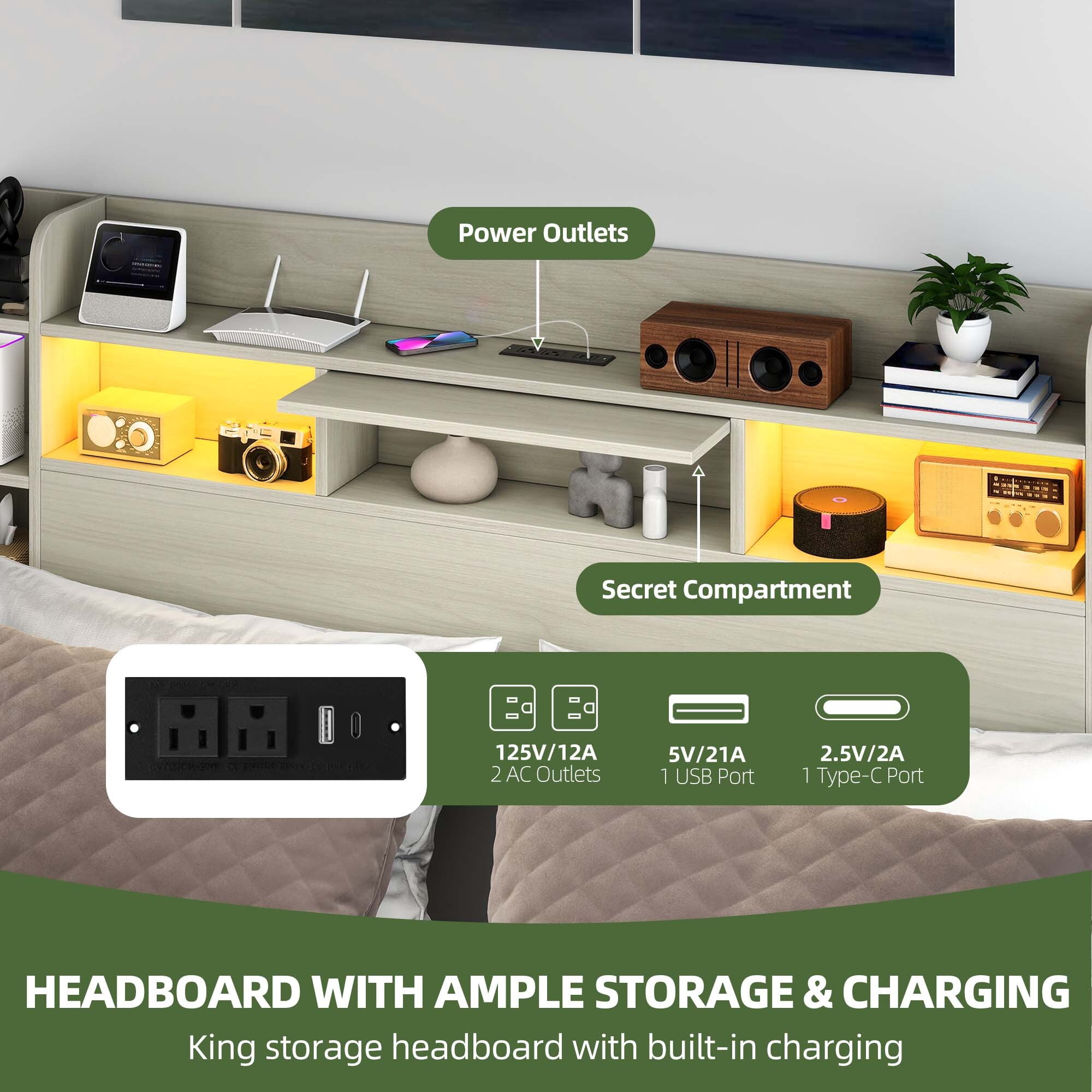 Uforic King Size Bed Frame with LED Lights & Bookshelf Headboard, Platform Bed Frame with Charging Station & Drawers, White
