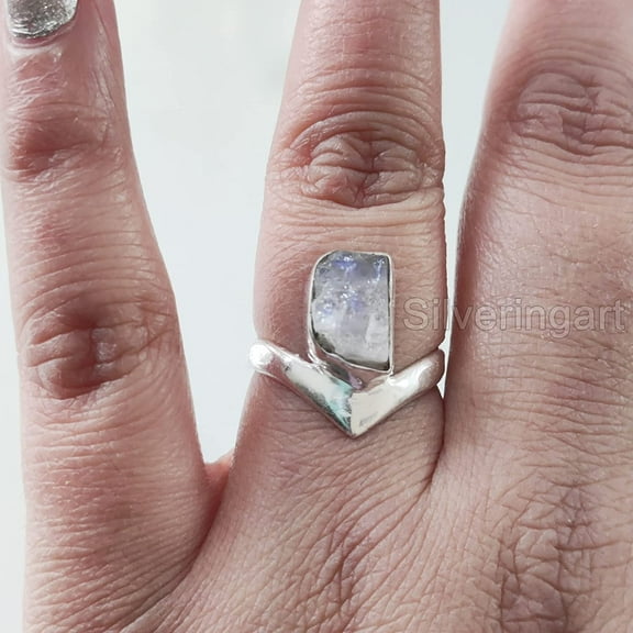 Rainbow Moonstone Ring, Rough Moonstone Gemstone Ring, June Birthstone, V Crown Band, 925 Sterling Silver, Womens Ring, Christmas, Thanksgiving, Handmade, Statement Jewelry, Rough Gemstone Jewelry