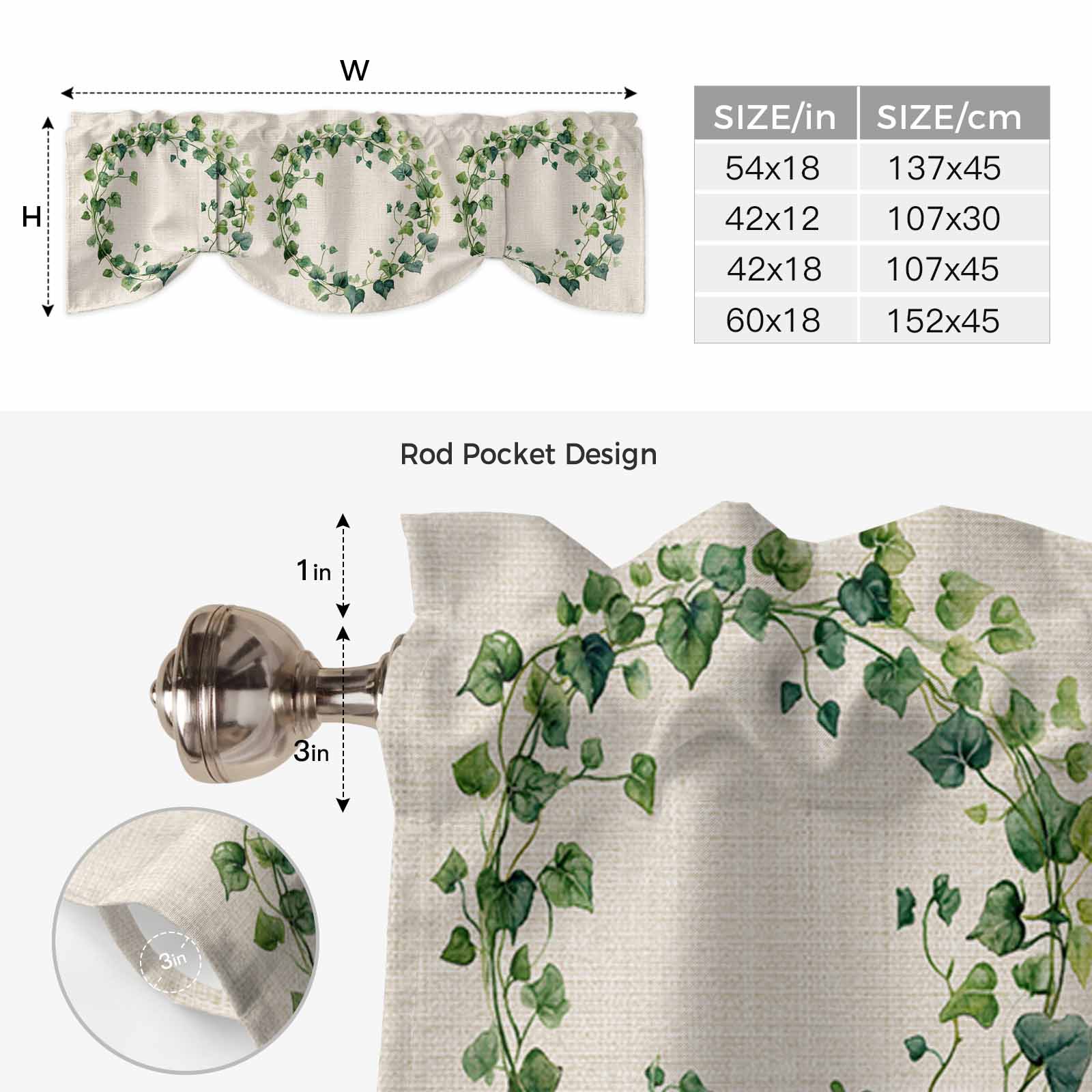 Spring Plant Tie Up Valances Curtain, Green Circle Leaf Linen Texture Adjustable Rod Pocket Short Window Treatment Tie Up Curtains Valances for Kitchen Living Room Bathroom 60x18 Inches