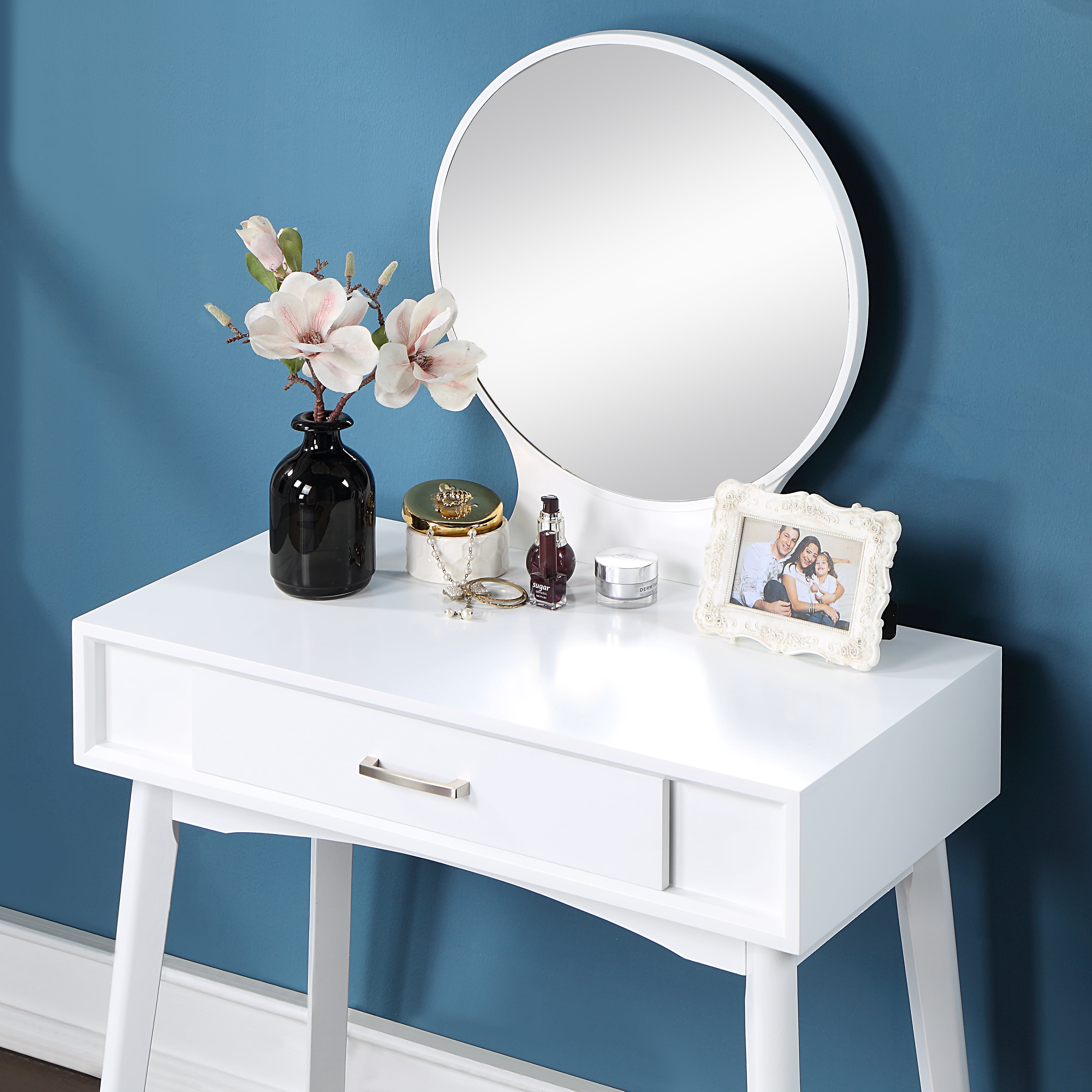 Mintazer Modern Vanity Table Set, Round Mirror Makeup Dressing Table with Drawers & Upholstered Stool for Bedroom, White