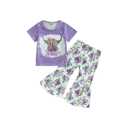 

Qtinghua Toddler Baby Girls Summer Outfits Cow Head Print Short Sleeve T-Shirt and Floral Print Flare Pants 2Pcs Set Purple 18-24 Months