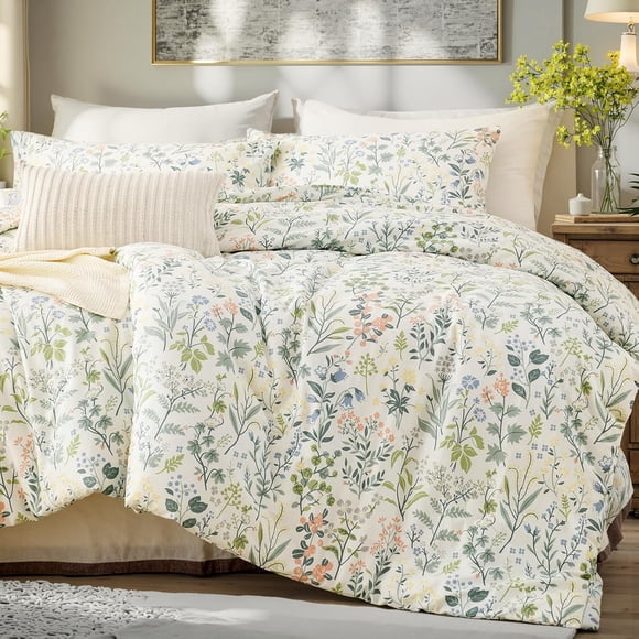 Nayoroom 3 Pieces Soft Microfiber Boho Floral Duvet Cover Green Botanical Queen Bedding Set with Colorful Flower Print Pattern