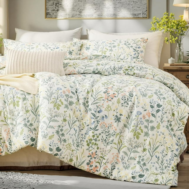Nayoroom 3 Pieces Soft Microfiber Boho Floral Duvet Cover Green Botanical Queen Bedding Set with Colorful Flower Print Pattern