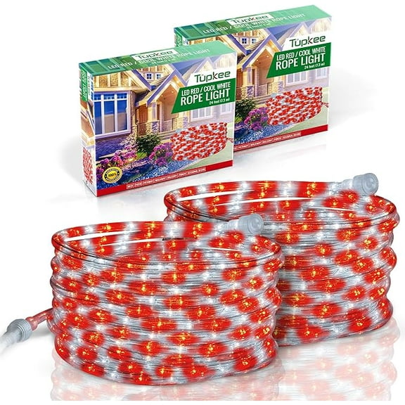 LED Rope Light Red & Cool White - for Indoor and Outdoor use, 24 Feet (7.3 m) - 10MM Diameter - 144 LED Long Life Bulbs Rope Tube Lights - Pack of 2
