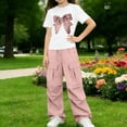 thumbnail image 2 of Zpanxa Girl Outfits Sets Girls Denim Bow Graphic Tee and Cargo Wide Leg Pants Set 2 Piece Casual Outfit, 2 of 7