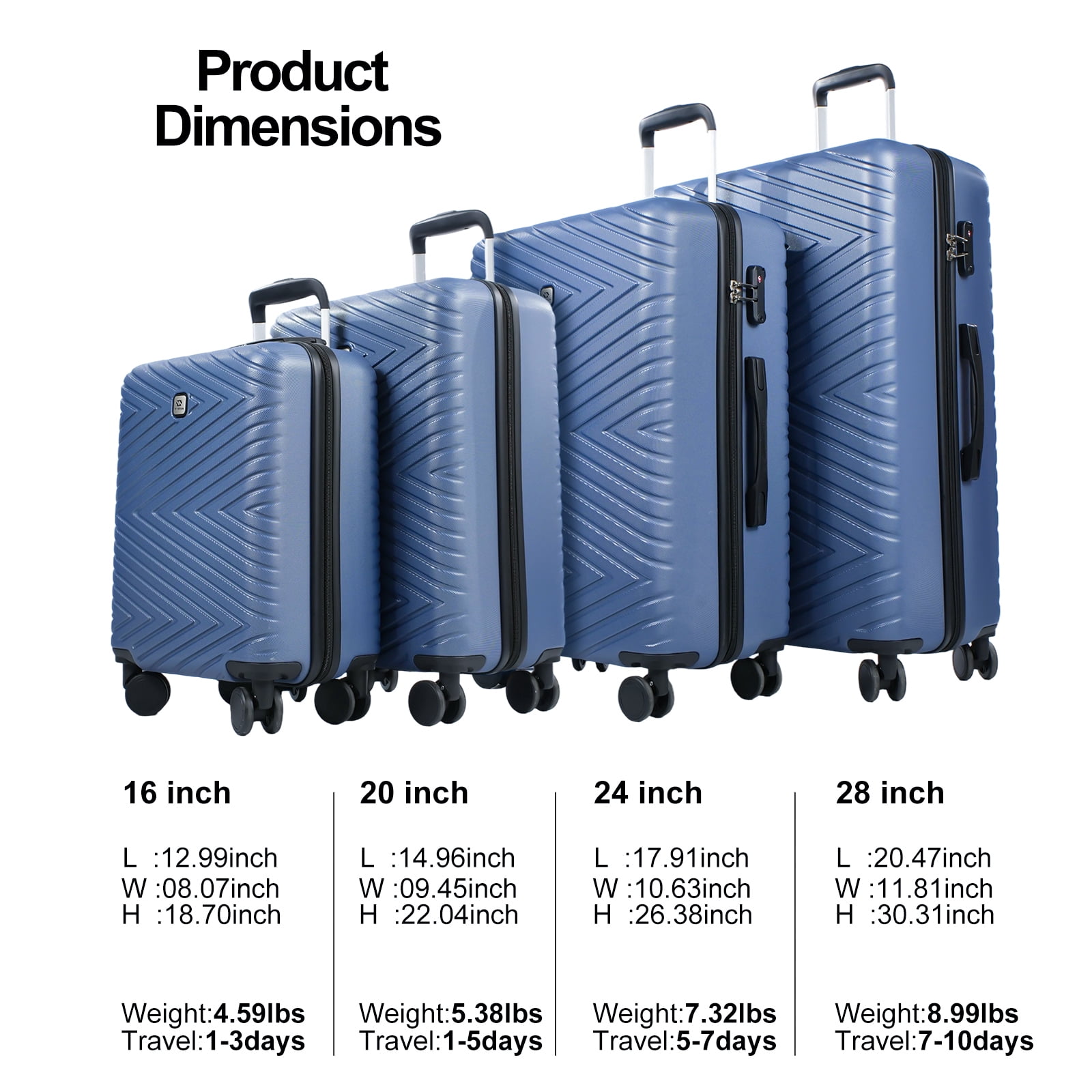 Travelhouse 4 Piece Hardshell Luggage Set Hardside Lightweight Suitcase with TSA Lock Spinner Wheels.(Blue)