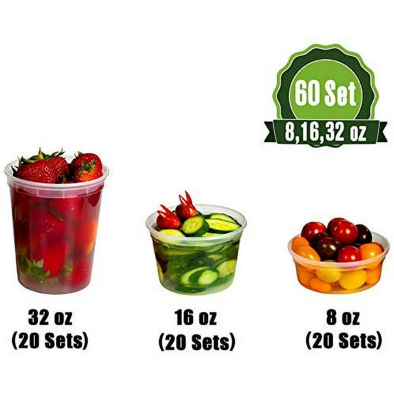 Safeware 8, 16, 32 Oz [60 Sets] Deli Plastic Food Containers with