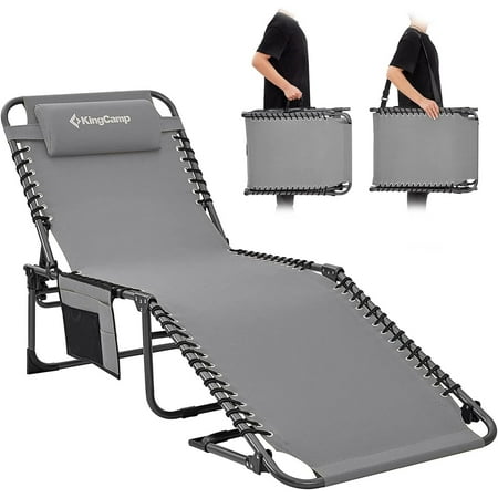 KingCamp Lounge Chair Outdoor, Folding Portable Tanning Chairs Comfy Adjustable 5-Position Lay Flat Foldable Chaise Chaser Lounger with Pillow for Outside Beach Patio Sun Bathing Pool Backyard, Grey