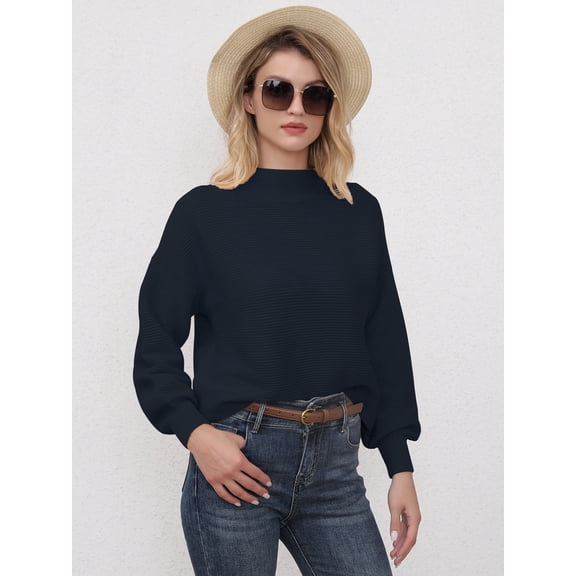 VENUZOR Women's Puffy Sleeve Mock Neck Pullover Knit Oversized Solid Color Sweater Tops