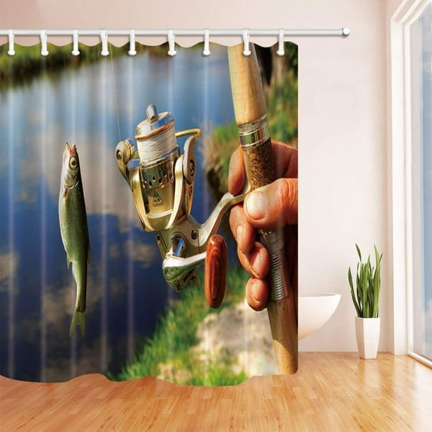 RYLABLUE Fishing Fishing Rod Hanging a Fish Against Blue Sky Reflection in  the River Polyester Fabric Bath Curtain, Bathroom Shower Curtain 66x72  inches 