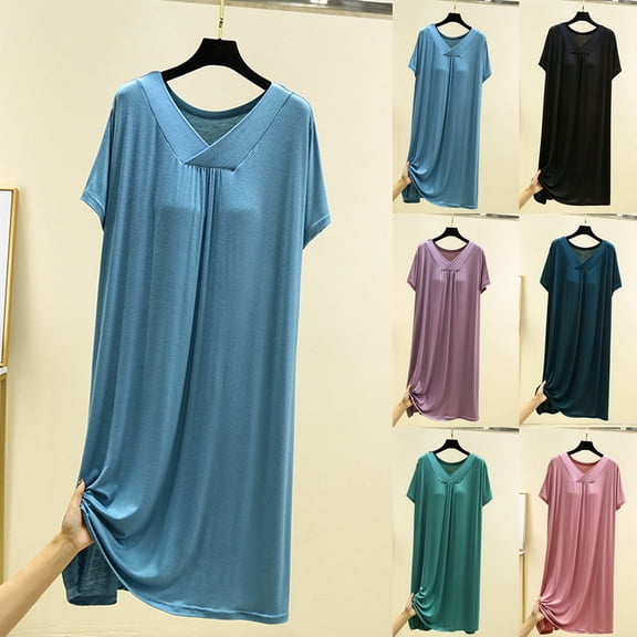 Naittoop Women Short Sleeve Nightgowns Comfy Sleepwear Built in Bra Sleepshirts V Neck Cotton Sleep Shirts Pajama Dress
